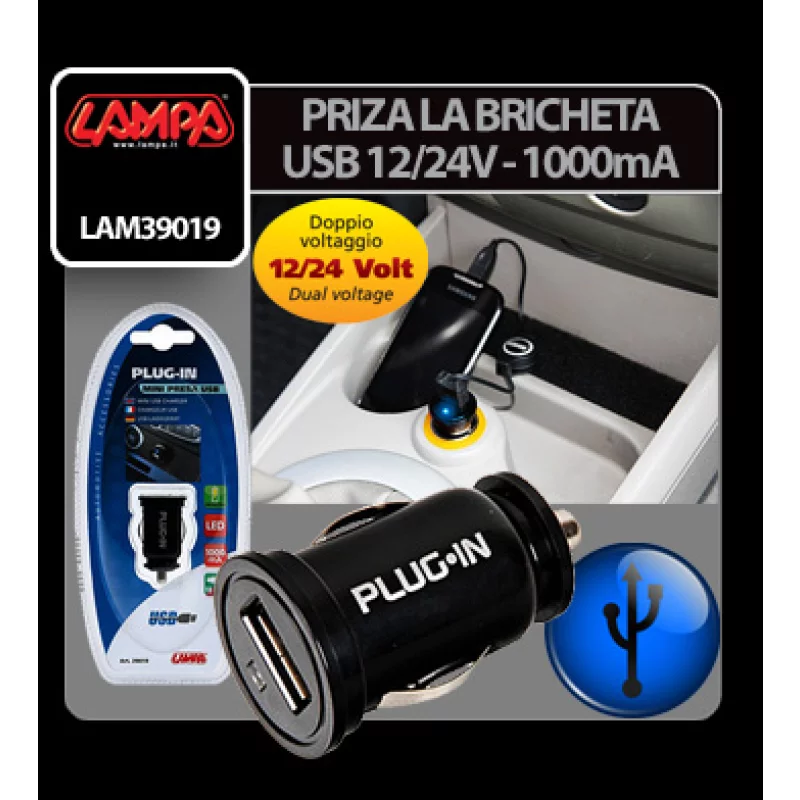 Priză USB auto pentru brichetă 12/24V, 1A, cu indicator LED Lampa