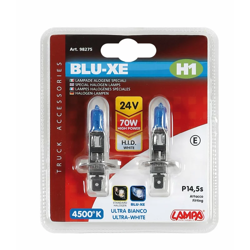 Set 2 becuri halogen Blu-Xe H1 70W P14,5s 24V, lumină 4500K