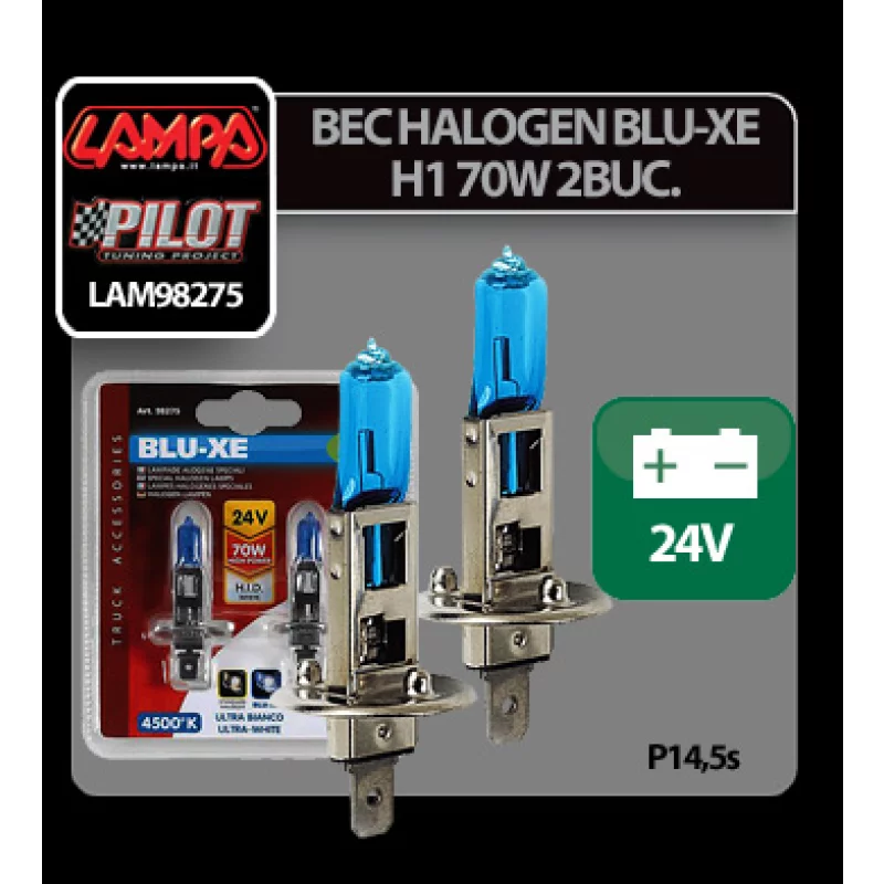 Set 2 becuri halogen Blu-Xe H1 70W P14,5s 24V, lumină 4500K