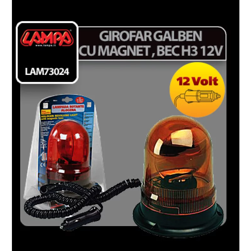 Girofar galben cu magnet, bec halogen H3, alimentare 12V