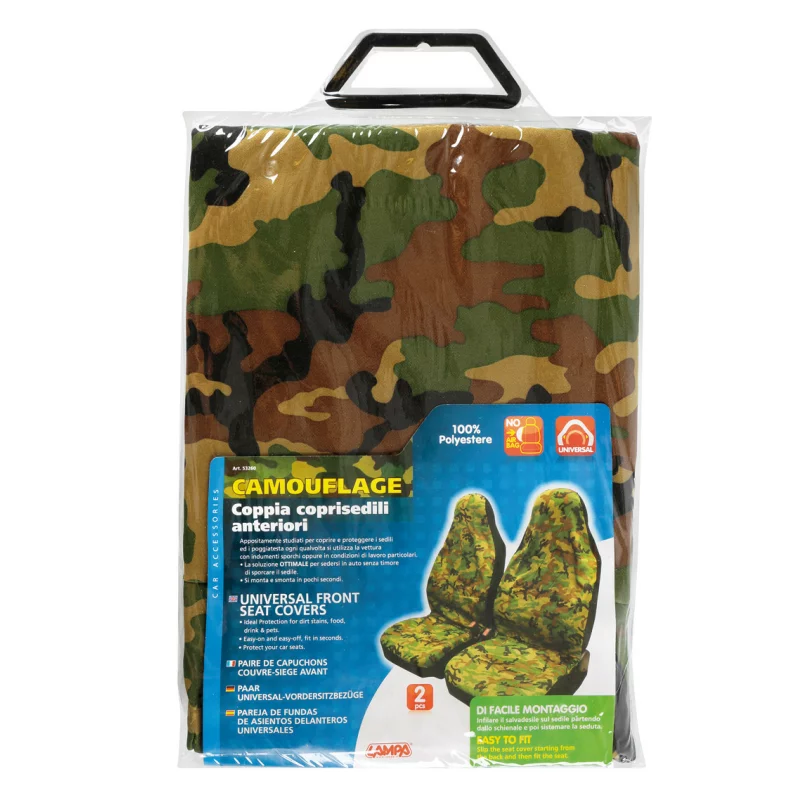 Huse universale scaun față Camouflage din poliester, set 2 bucăți