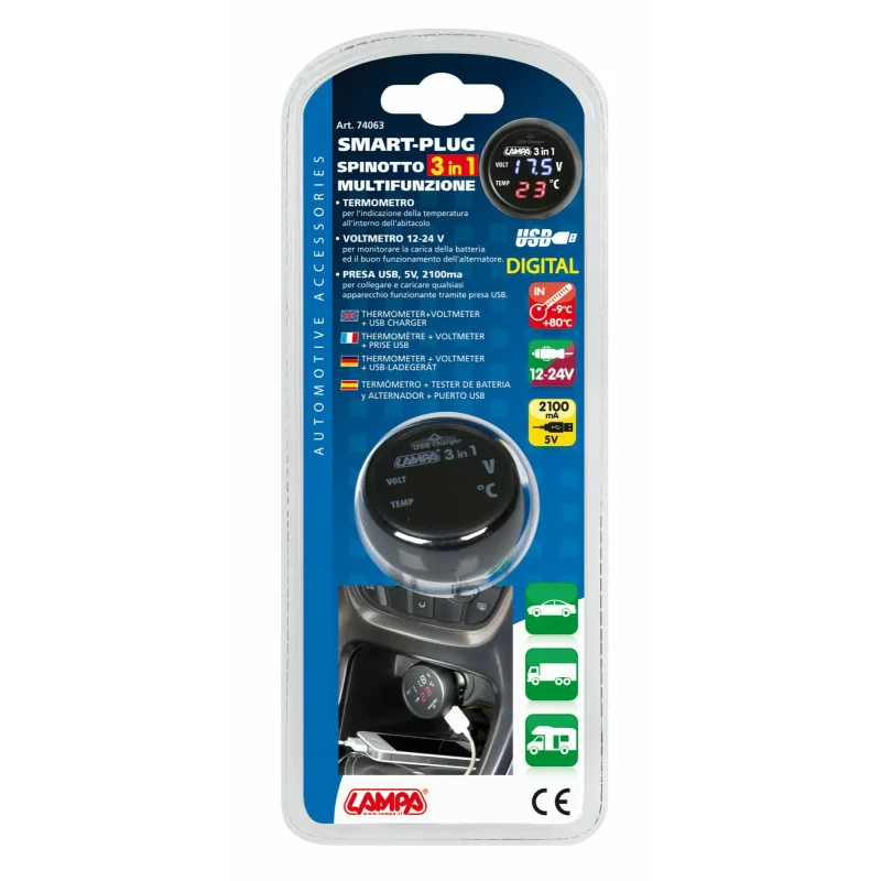 Priză brichetă auto 3 în 1 Smart-Plug 12/24V cu USB, voltmetru și termometru