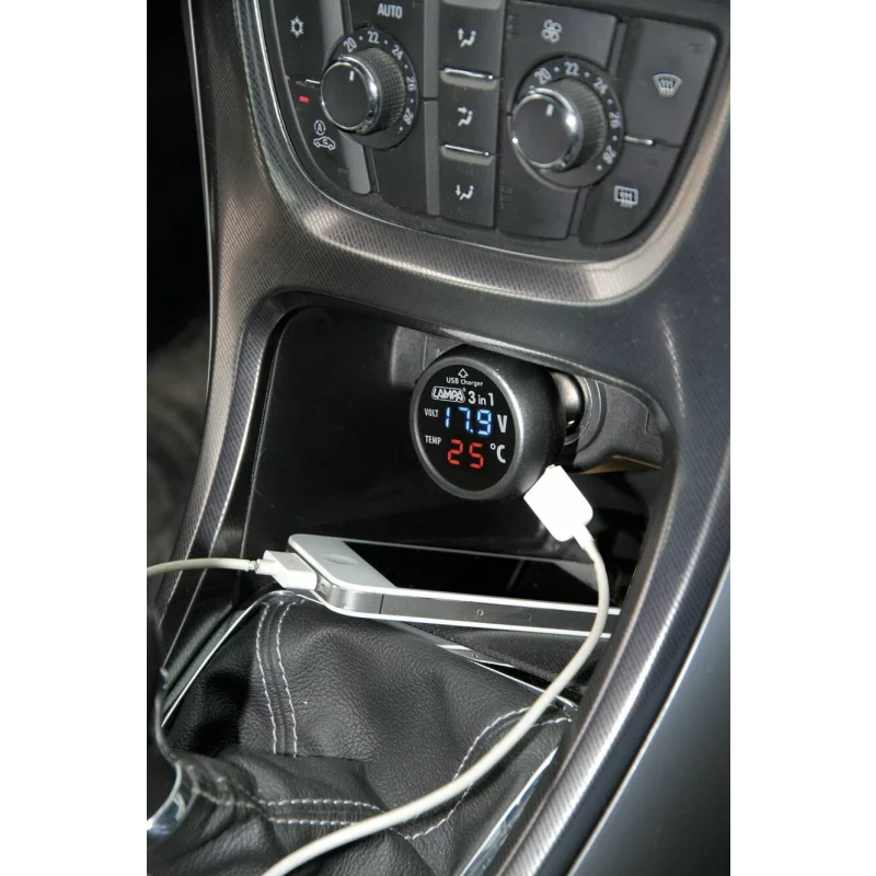 Priză brichetă auto 3 în 1 Smart-Plug 12/24V cu USB, voltmetru și termometru