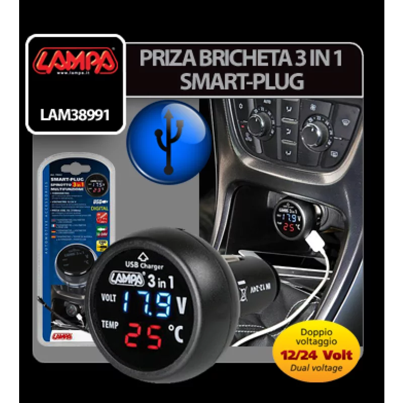 Priză brichetă auto 3 în 1 Smart-Plug 12/24V cu USB, voltmetru și termometru
