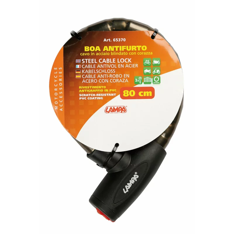 Antifurt cu cablu din otel calit, acoperit cu plastic, 24 mm x 80 cm