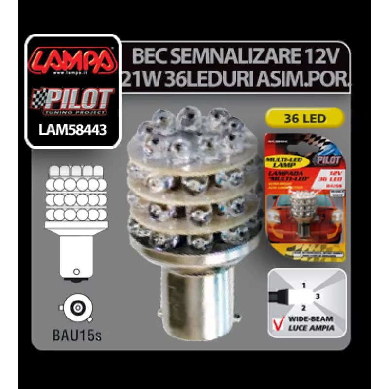 Bec LED PY21W BAU15s 12V portocaliu pentru semnalizare auto, 36 LED