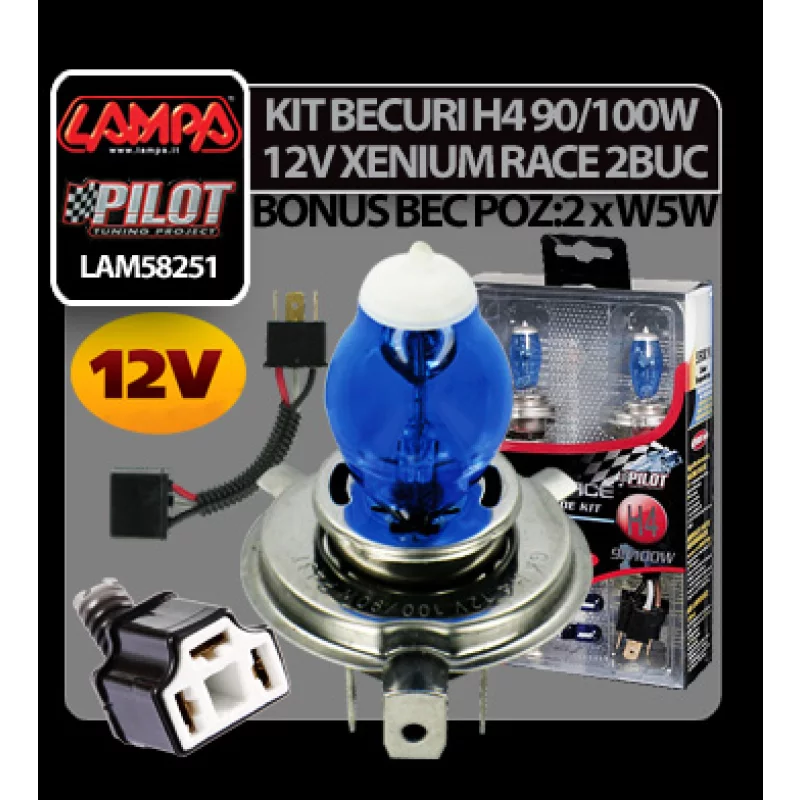Bec halogen H4 12V 90/100W Xenium Race P43t, set 2 bucăți cu bonus