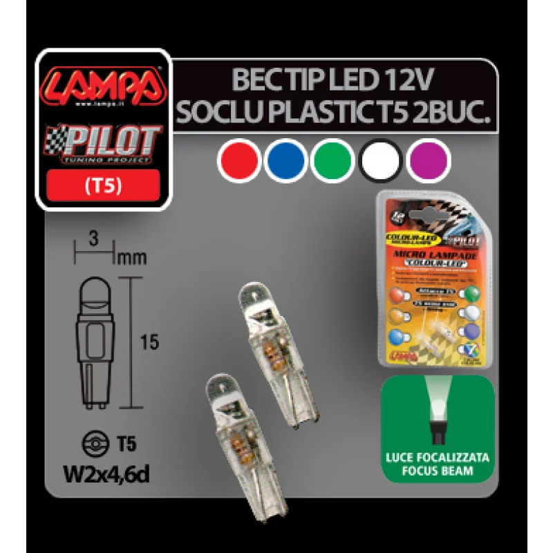 Bec LED T5 12V alb cu soclu W2x4,6d, set 2 bucati pentru interior auto
