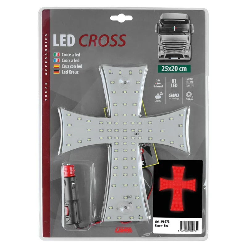 Ornament interior LED 24V tip Cruce roșie pentru camion, cu ventuze