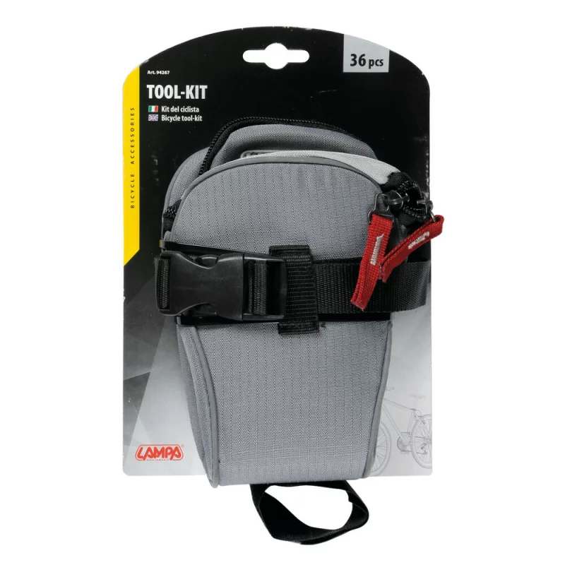 Trusă scule pentru reparație bicicletă, 36 piese, cu geantă pentru șa, Lampa