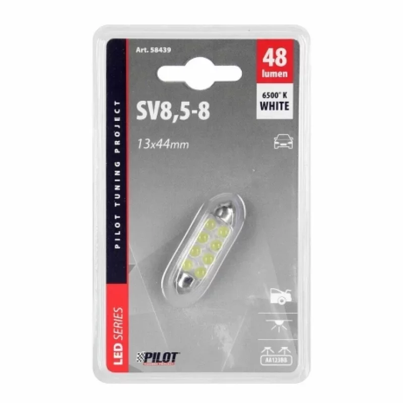 Bec LED sofit 12V cu 8 LED-uri, SV8.5-8, 13x44 mm, lumină albă
