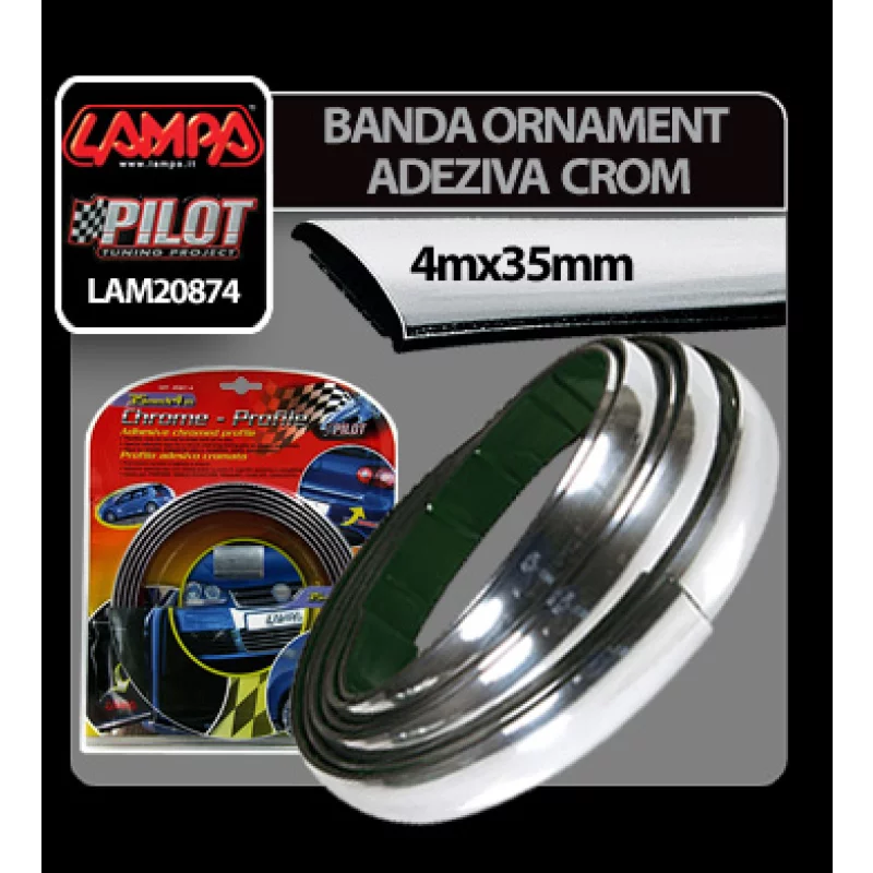 Bandă ornament crom adezivă auto, flexibilă, 4 m x 35 mm