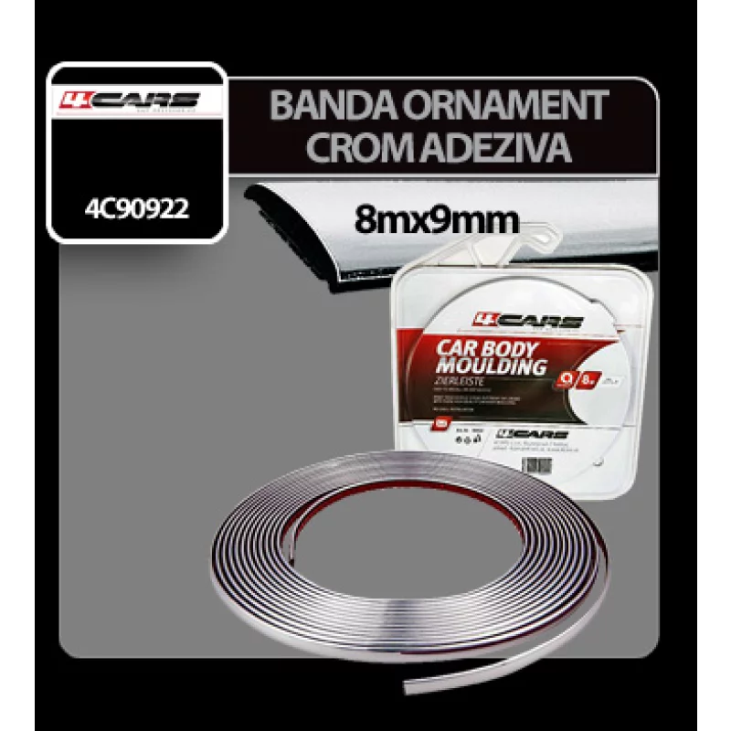 Banda ornament crom auto adeziva 4Cars, flexibila, 8 m x 9 mm