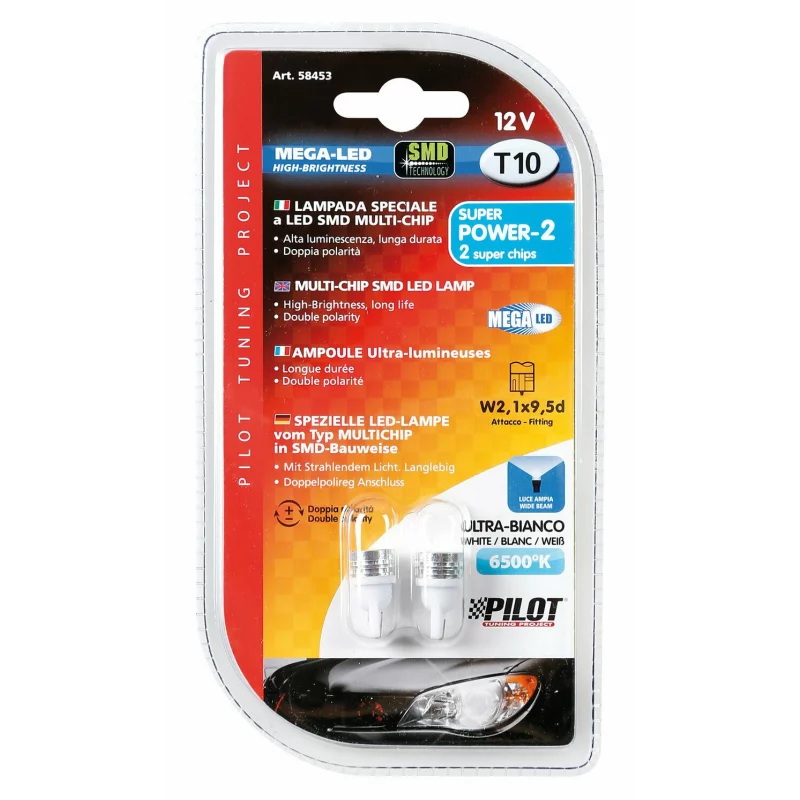 Bec LED T10 12V alb cu 2 cipuri, dubla polaritate, set 2 bucati