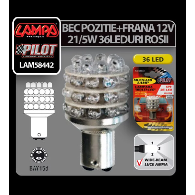 Bec LED auto P21/5W BAY15d 12V rosu pentru pozitie si frana, 36 LED