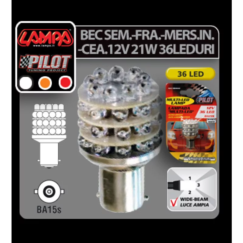 Bec auto LED P21W BA15s rosu 12V pentru frana si ceata, 36 LED