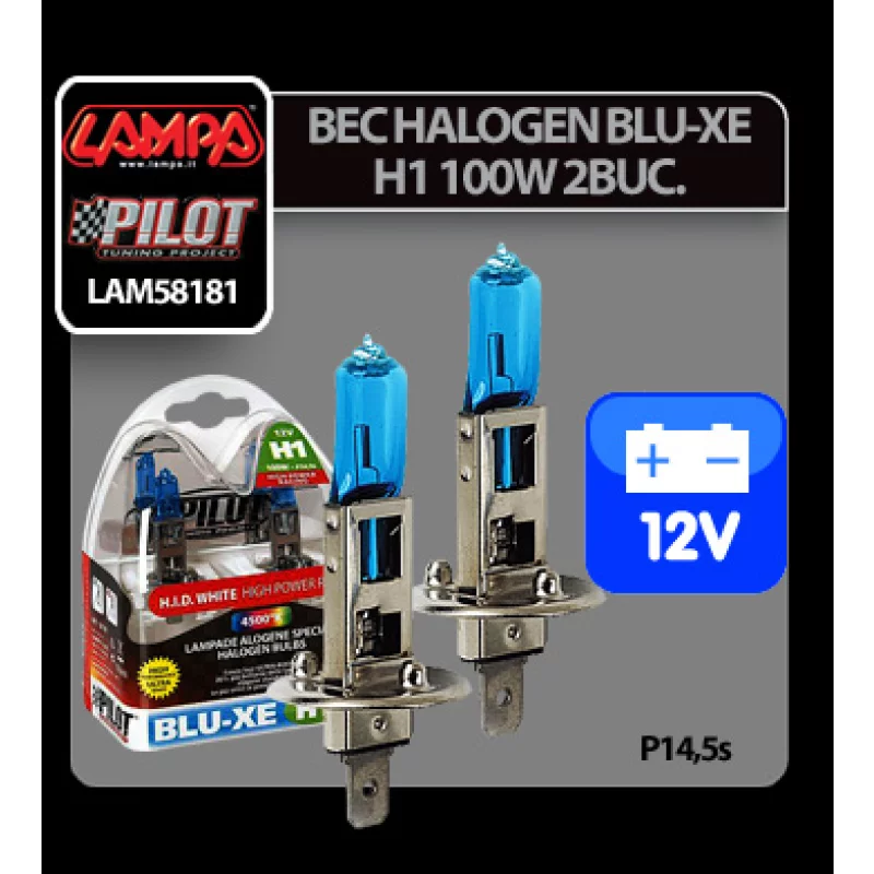 Set 2 becuri halogen auto Blu-Xe H1 100W 12V P14,5s, lumină alb-rece