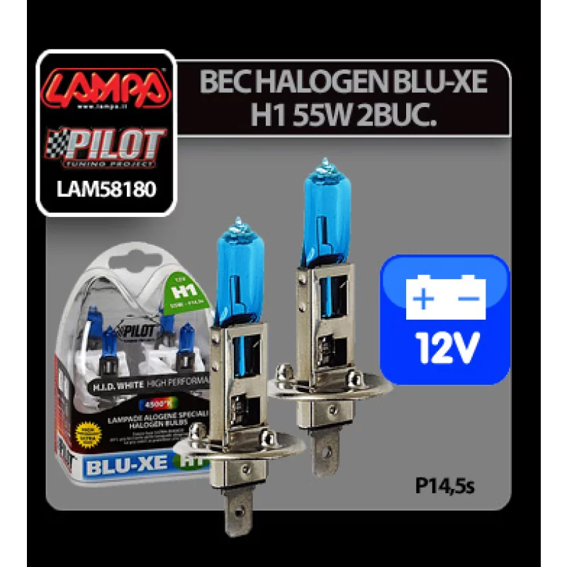 Set 2 becuri halogen auto H1 Blu-Xe 55W 12V P14,5s, lumină 4150K