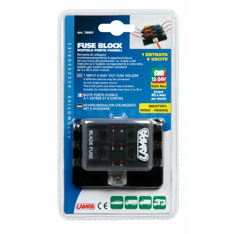 Cutie de siguranțe auto 12/24V cu 1 intrare, 6 ieșiri și LED