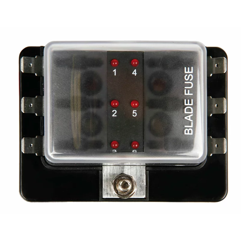 Cutie de siguranțe auto 12/24V cu 1 intrare, 6 ieșiri și LED