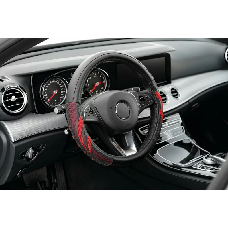 Husă volan Suzuka din imitație piele, M, 37-39 cm, negru/roșu