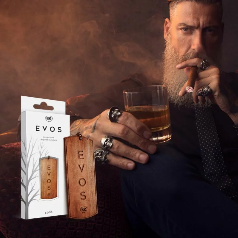 Odorizant auto din lemn K2 Evos Boss, reimpregnabil, parfum de lunga durata