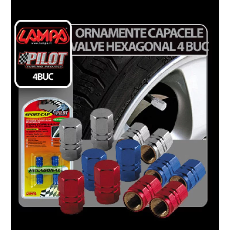 Capace valve hexagonale din aluminiu, rosii, set 4 buc pentru auto si bicicleta