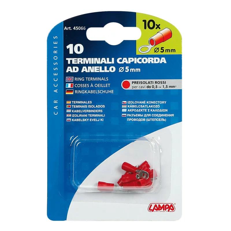 Papuci electrici tip inel Ø5 mm roșii, set 10 buc, pentru conductori 0,5-1,5 mm²