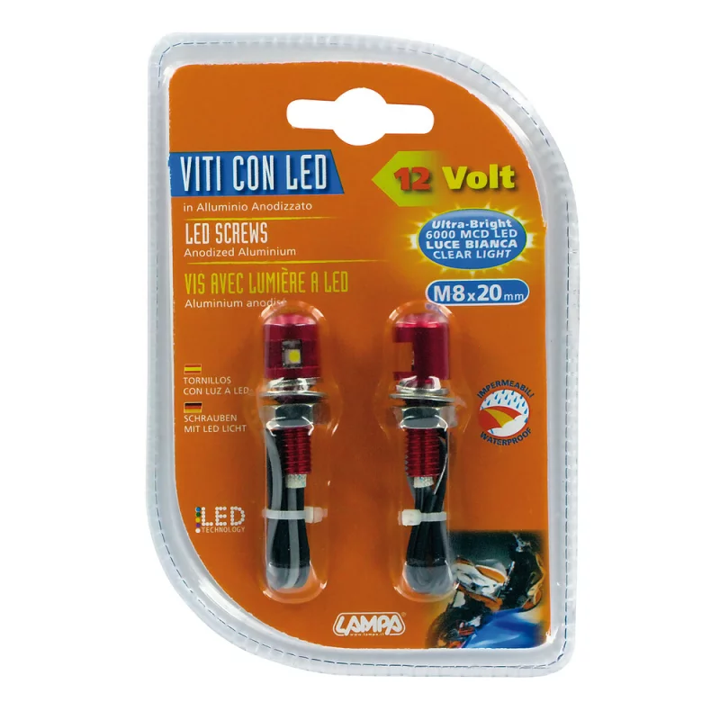 Set 2 suruburi M8 cu LED alb, aluminiu anodizat, rosu, 12V