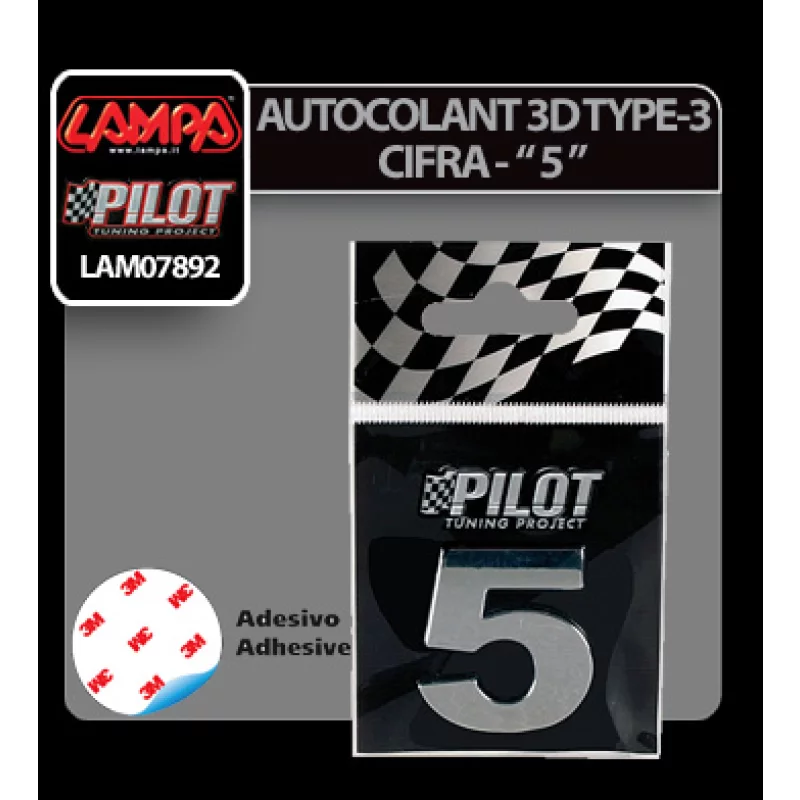 Autocolant 3D crom cifra 5 pentru auto, 28 mm, cu adeziv