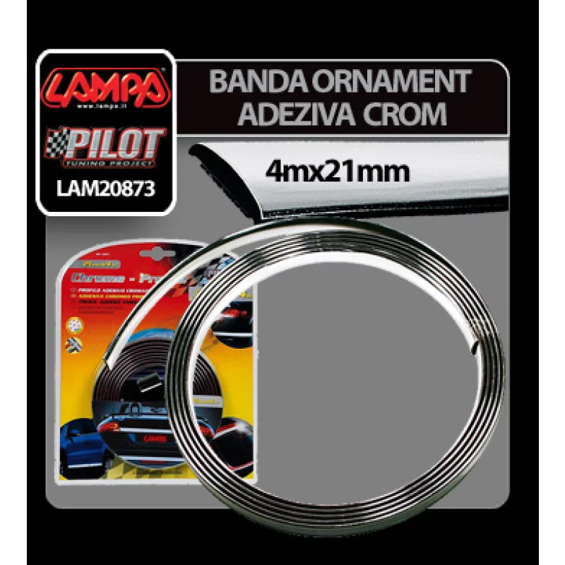 Bandă ornament crom adezivă flexibilă auto, 4 m x 21 mm