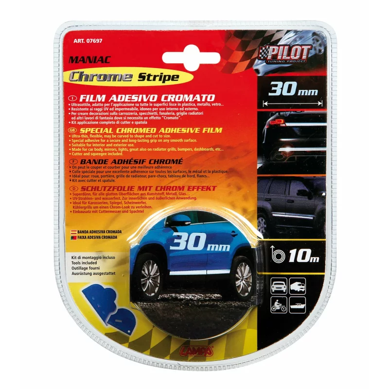 Bandă ornament crom adezivă Maniac, flexibilă, 10 m x 30 mm