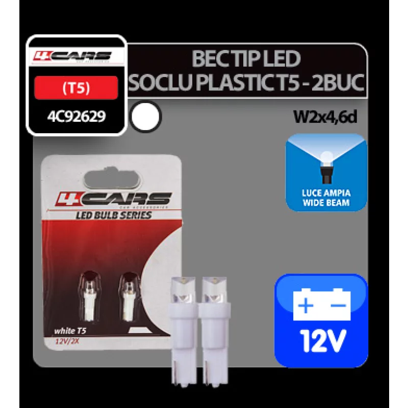 Bec LED T5 12V alb dispersat, soclu W2x4.6d, set 2 buc 4Cars