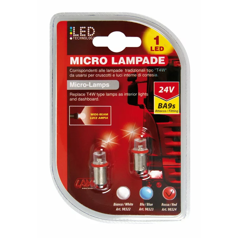 Bec LED BA9s T4W 24V rosu pentru bord si semnalizare interioara, set 2 buc