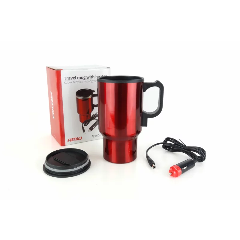 Cana termos auto cu incalzire Amio 450 ml, alimentare 12V, rosie