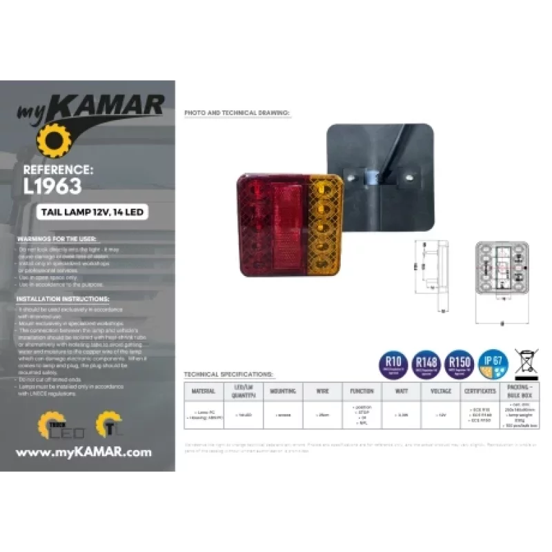 Lampa stop spate LED 12V cu 5 functii si catadioptru Kamar