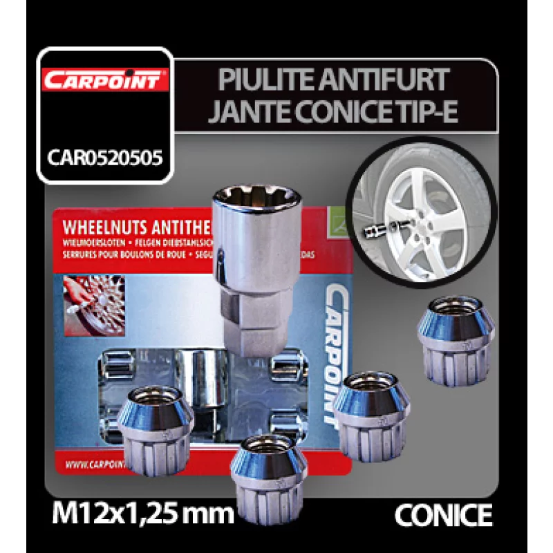 Piulite antifurt pentru jante conice M12x1.25, set 4 buc, Tip E