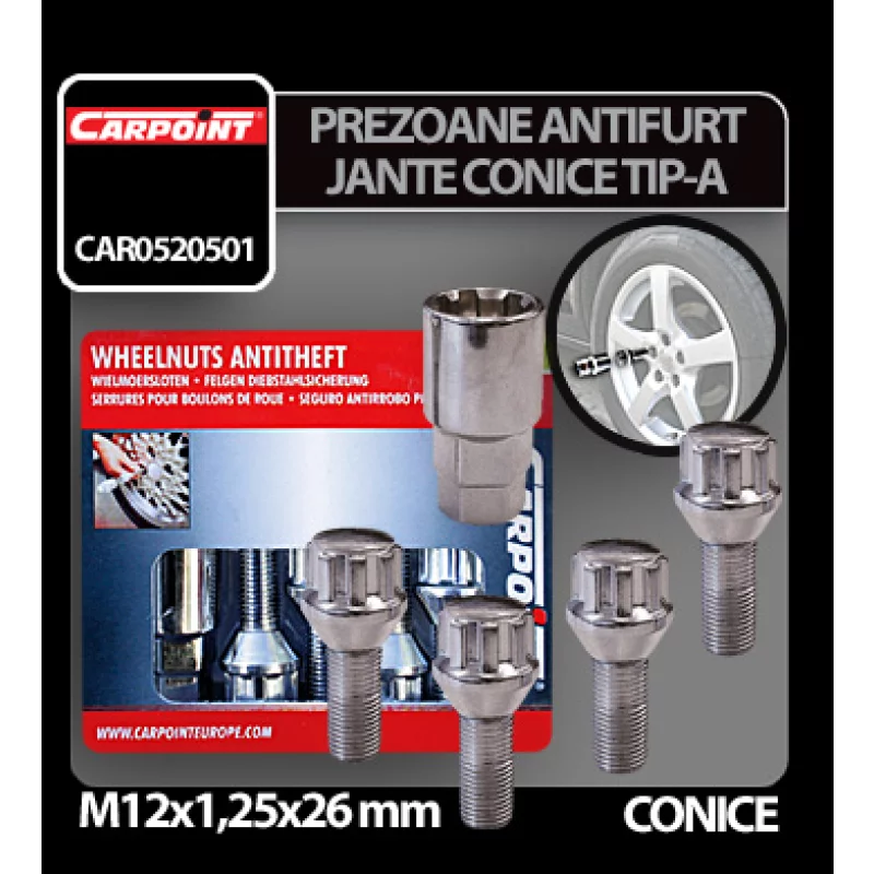 Prezoane antifurt pentru jante conice M12x1.25, set 4 buc, Tip A