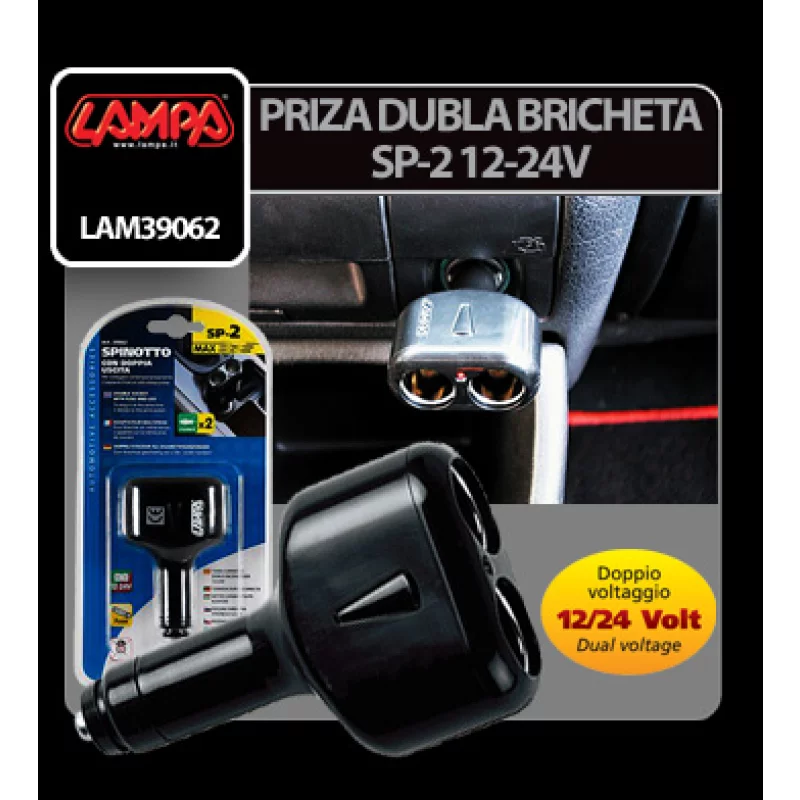 Priza dubla bricheta auto 12/24V cu LED si siguranta, Lampa SP-2