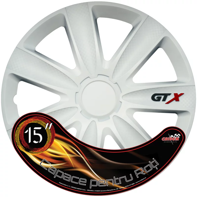 Set 4 capace roti auto Cridem GTX Carbon alb 15 inch din ABS