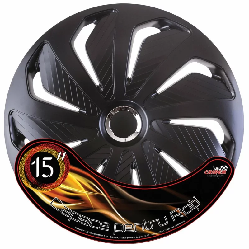 Set 4 capace roți auto Cridem Wind 15 inch, negru/crom, ABS