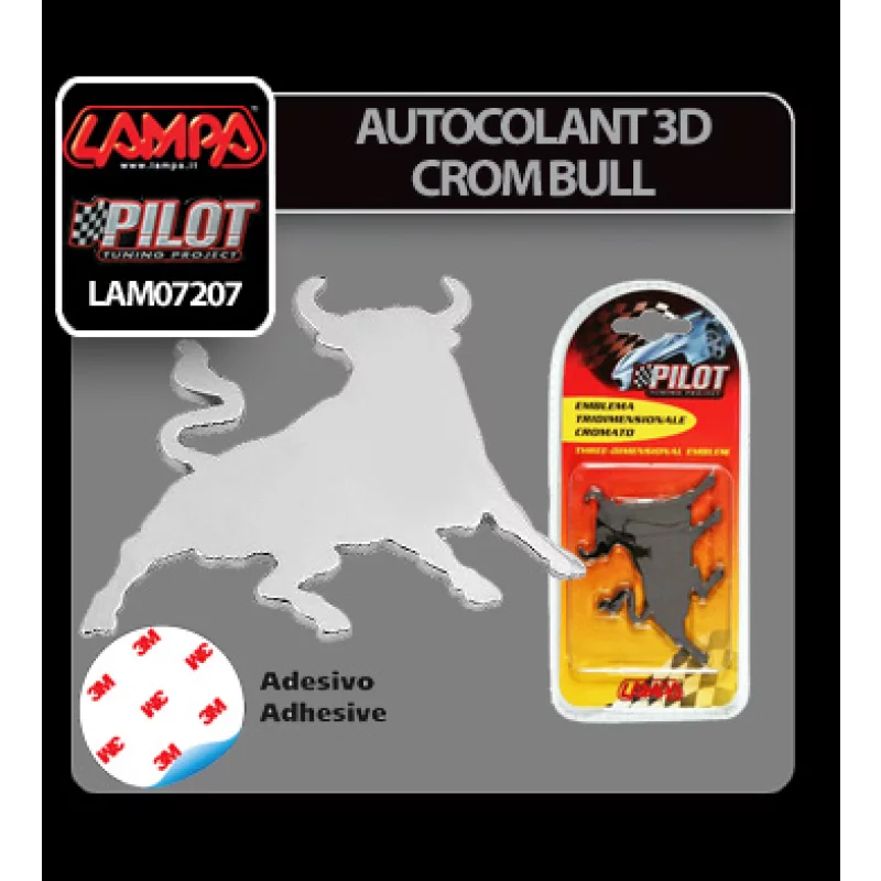 Autocolant 3D crom Bull pentru auto, cu adeziv 3M, 80x60 mm