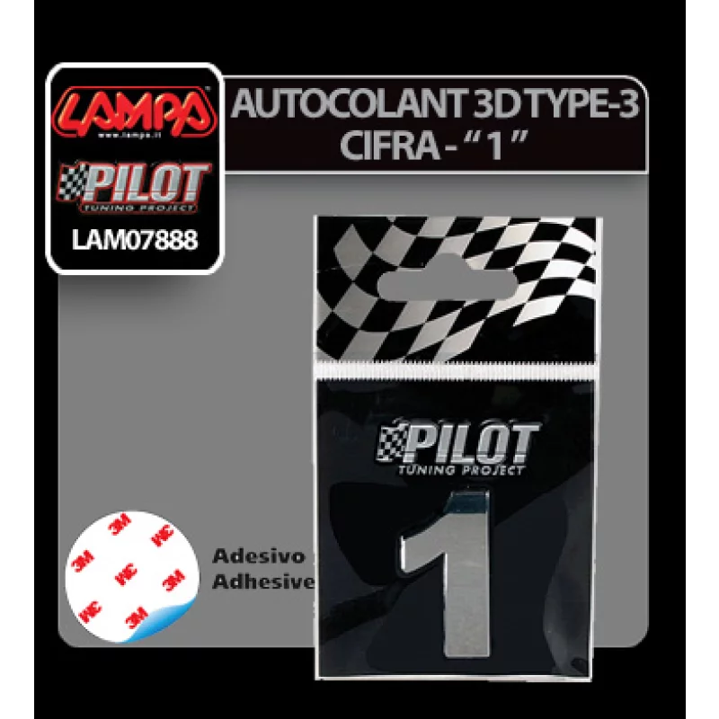 Autocolant 3D crom cifra 1, 28 mm, cu adeziv pentru auto și moto