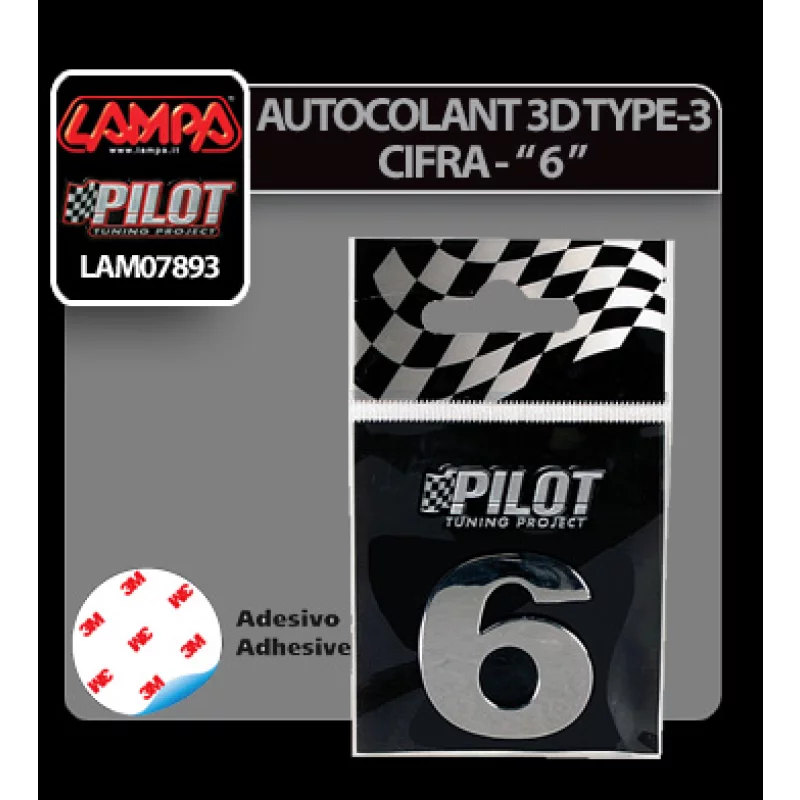 Autocolant 3D crom cifra 6, 28 mm, cu adeziv pentru personalizare auto