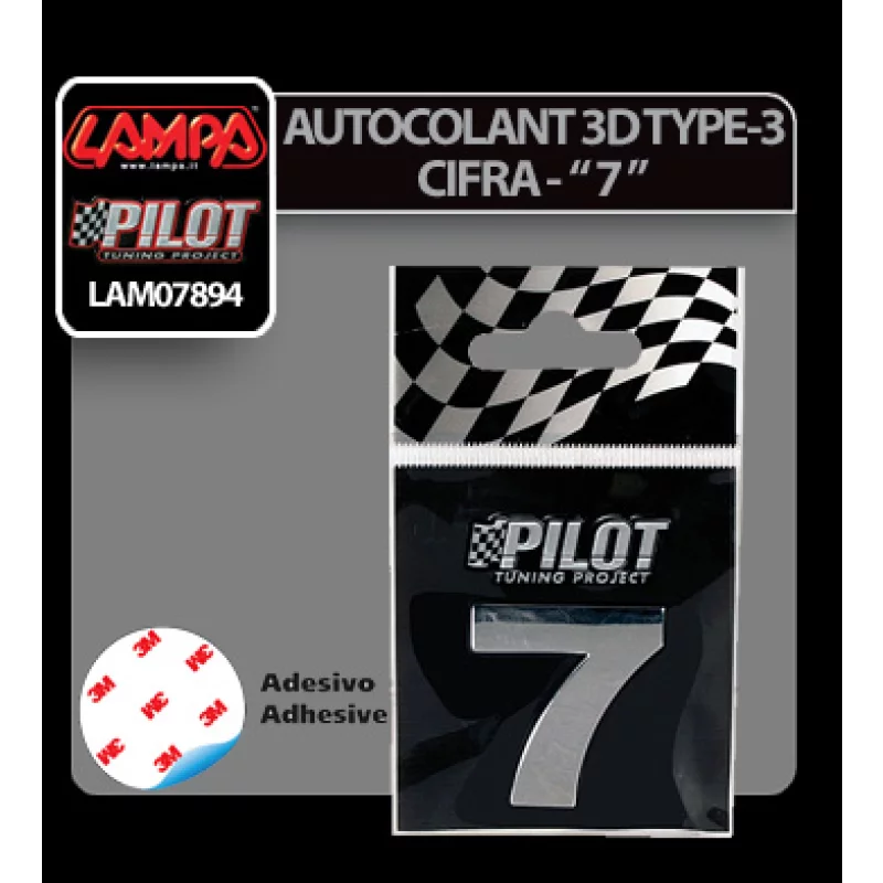 Autocolant 3D crom cifra 7, 28 mm, adeziv special pentru auto
