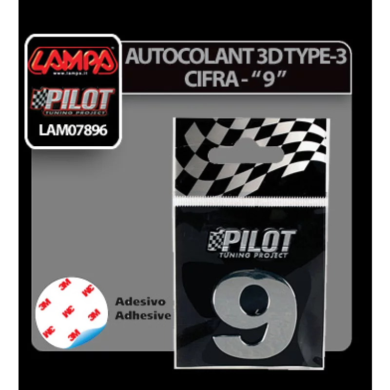 Autocolant 3D crom cifra 9, 28 mm, autoadeziv, relief Type-3