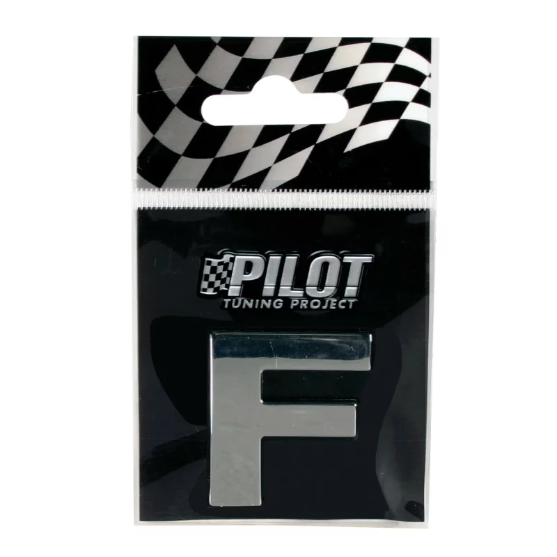Autocolant 3D crom litera F, 28 mm, cu adeziv special pentru auto
