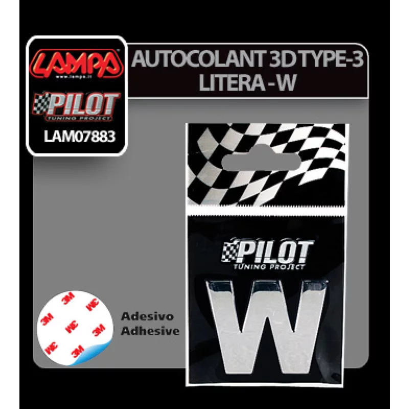 Autocolant 3D crom litera W 28 mm cu adeziv special pentru auto