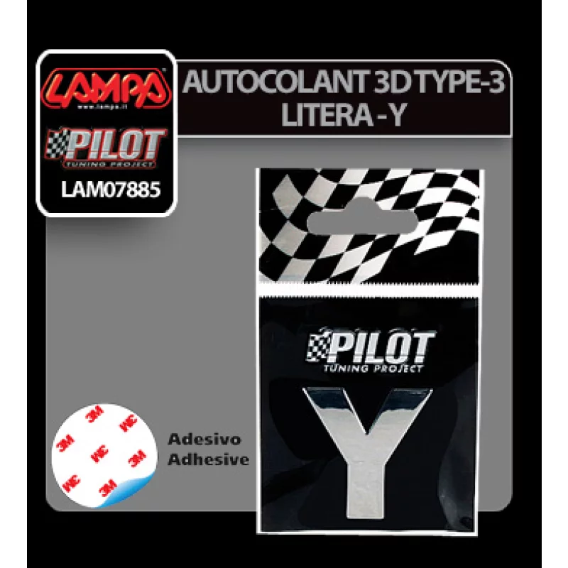 Autocolant 3D crom litera Y 28 mm cu adeziv pentru personalizare auto