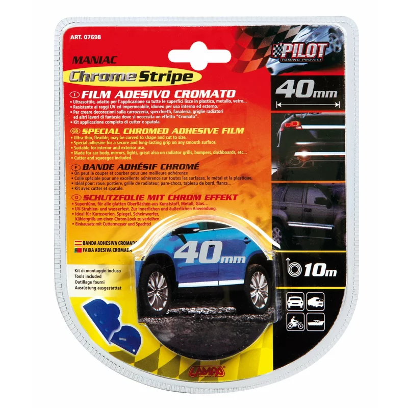 Bandă ornament crom adezivă Maniac, flexibilă, 10 m x 40 mm